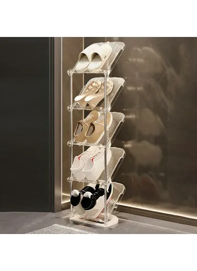 5 Tier PP + Stainless Steel Pipe Narrow Shoe Rack Easy Assembly Space Saving Storage Shelf - Transparent White