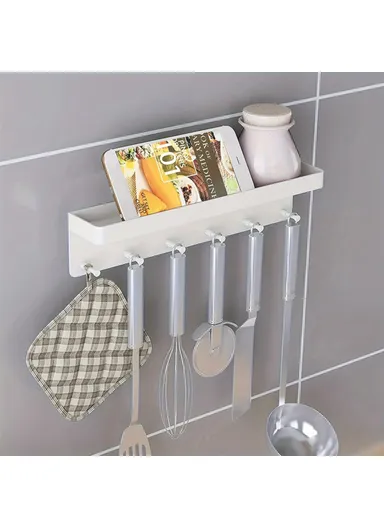 No Drill Key Organizer Rack Plastic Kitchen Bathroom Home Storage Shelf Door Back Hook Small Item Holder - White