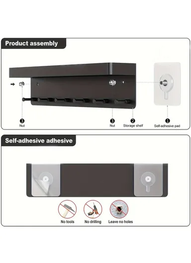 No Drill Key Organizer Rack Plastic Kitchen Bathroom Home Storage Shelf Door Back Hook Small Item Holder - White