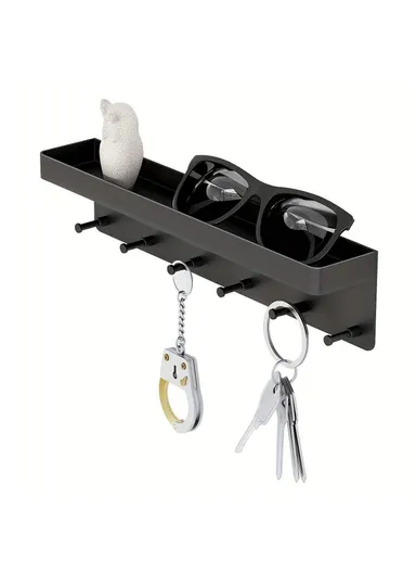 No Drill Key Organizer Rack Plastic Kitchen Bathroom Home Storage Shelf Door Back Hook Small Item Holder - Black