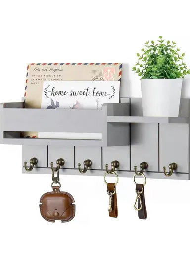 Wooden Wall Mounted Mail Storage Rack Key Holder Bedroom Study Room Hallway Entryway Shelf - Grey