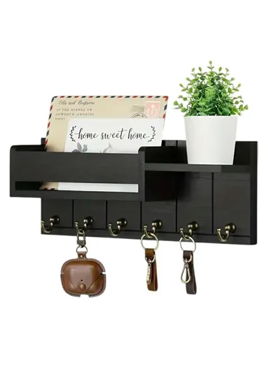 Wooden Wall Mounted Mail Storage Rack Key Holder Bedroom Study Room Hallway Entryway Shelf - Black