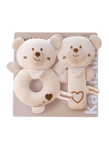 2Pcs Cartoon Animal Baby Rattle Teether Set Organic Cotton Infant Soothing Doll Shaker Toys - Bear