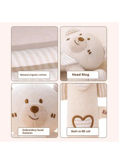 2Pcs Cartoon Animal Baby Rattle Teether Set Organic Cotton Infant Soothing Doll Shaker Toys - Bear