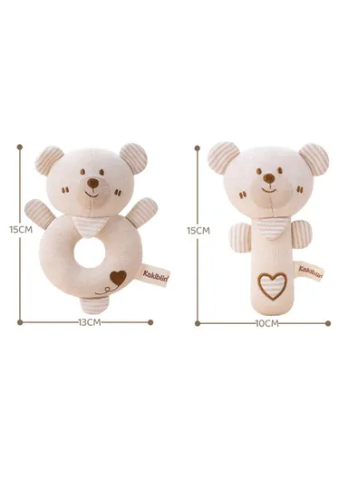 2Pcs Cartoon Animal Baby Rattle Teether Set Organic Cotton Infant Soothing Doll Shaker Toys - Bear