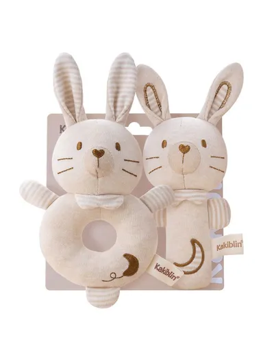 2Pcs Cartoon Animal Baby Rattle Teether Set Organic Cotton Infant Soothing Doll Shaker Toys - Rabbit