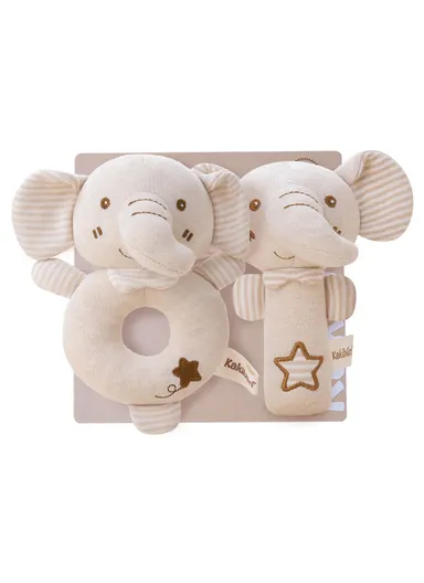 2Pcs Cartoon Animal Baby Rattle Teether Set Organic Cotton Infant Soothing Doll Shaker Toys - Elephant