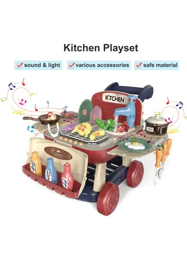 Pretend Play Kitchen Shopping Cart Combo with Sink, Lights &amp; Sounds – Watermelon Red 
