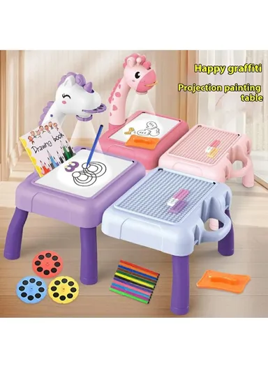 Children DIY Drawing Board Multi-Function Building Block Table Magnetic Writing Board Early Educational Toy - Purple Horse