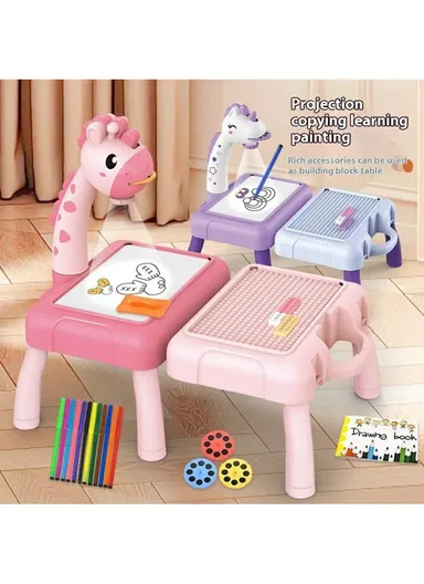 Children DIY Drawing Board Multi-Function Building Block Table Magnetic Writing Board Early Educational Toy - Purple Horse