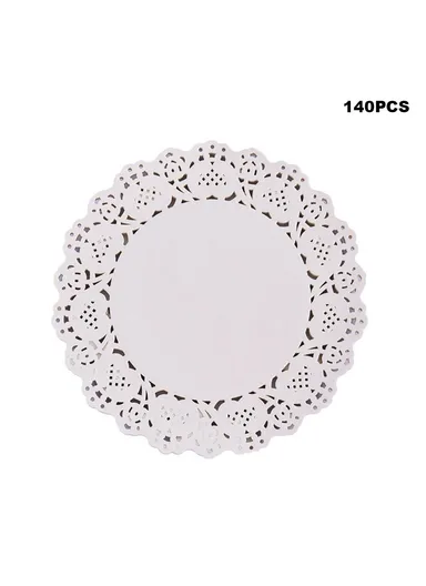 140Pcs 17cm Disposable Food Doilies Round Flower Bottom Paper Lace Liners Oil Absorbing Cake Pad (BPA Free, FDA Certified)