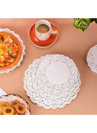 140Pcs 24cm Disposable Food Doilies Round Flower Bottom Paper Lace Liners Oil Absorbing Cake Pad (BPA Free, FDA Certified)