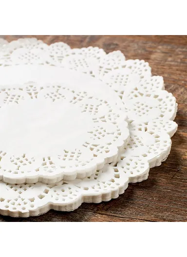 140Pcs 21cm Disposable Food Doilies Round Flower Bottom Paper Lace Liners Oil Absorbing Cake Pad (BPA Free, FDA Certified)
