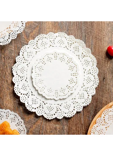 140Pcs 21cm Disposable Food Doilies Round Flower Bottom Paper Lace Liners Oil Absorbing Cake Pad (BPA Free, FDA Certified)