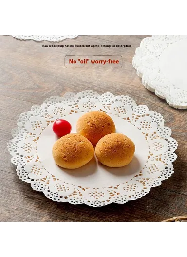 140Pcs 14cm Disposable Food Doilies Round Flower Bottom Paper Lace Liners Oil Absorbing Cake Pad (BPA Free, FDA Certified)
