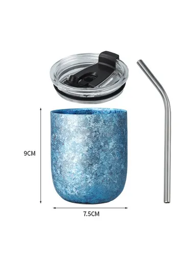 Pure Titanium Double Wall Mug Insulated Frost Flower Design Hot Cold Drinks Cup - Blue