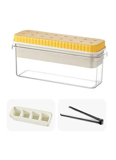 Single Layer Ice Cube Tray with Press Release Ice Mold Storage Container with Ice Tongs (BPA Free, No FDA) - Yellow+4 Grids Tray