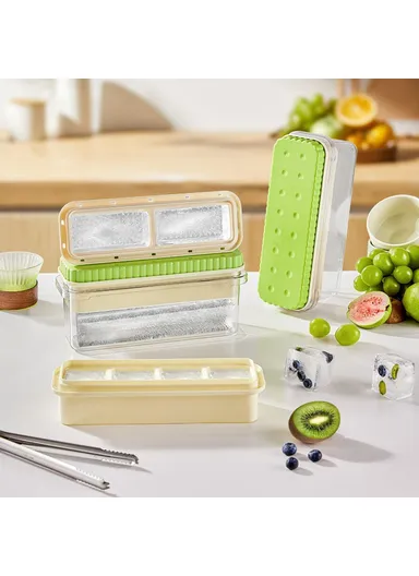 Single Layer Ice Cube Tray with Press Release Ice Mold Storage Container with Ice Tongs (BPA Free, No FDA) - Yellow / 2 Grids Tray
