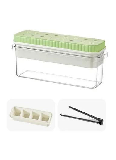 Single Layer Ice Cube Tray with Press Release Ice Mold Storage Container with Ice Tongs (BPA Free, No FDA) - Green / 4 Grids Tray