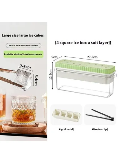 Single Layer Ice Cube Tray with Press Release Ice Mold Storage Container with Ice Tongs (BPA Free, No FDA) - Green / 4 Grids Tray
