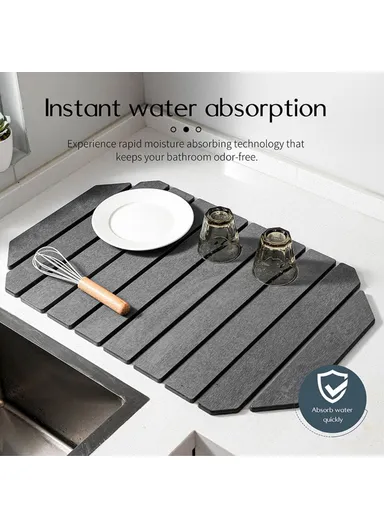 Polygonal Shape Diatomite Folding Mat for Kitchen Countertop Absorbent Drying Draining Pad (L60 x W39)cm
