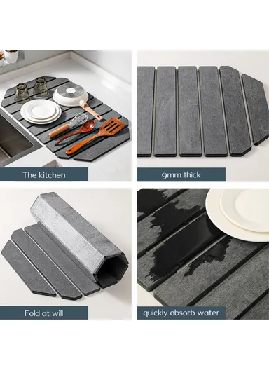 Polygonal Shape Diatomite Folding Mat for Kitchen Countertop Absorbent Drying Draining Pad (L60 x W39)cm