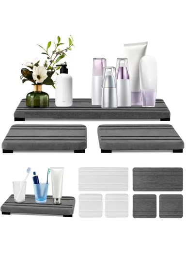 3Pcs Set Bathroom Countertop Draining Mat Diatomite Soap Dish Sponge Holder Kitchen Faucet Organizer - Medium Grey