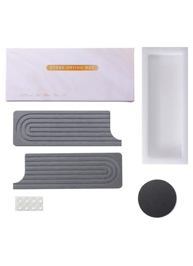 2Pcs Set U Shape Sink Mat Water Absorbent Diatomite Quick Drying Pad for Faucet Base Washbasin - Contour Dark Grey