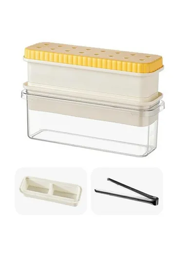 Double Layer Ice Cube Tray with Press Release Ice Mold Storage Container with Ice Tongs - Yellow+2 Grids Tray