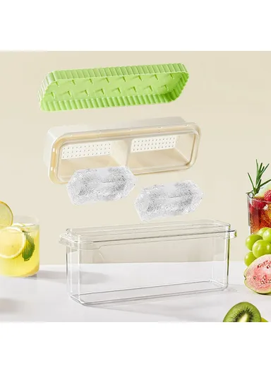 Double Layer Ice Cube Tray with Press Release Ice Mold Storage Container with Ice Tongs - Yellow+2 Grids Tray