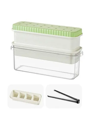 Double Layer Ice Cube Tray with Press Release Ice Mold Storage Container with Ice Tongs - Green+4 Grids Tray