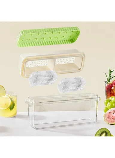 Double Layer Ice Cube Tray with Press Release Ice Mold Storage Container with Ice Tongs - Green+2 Grids Tray