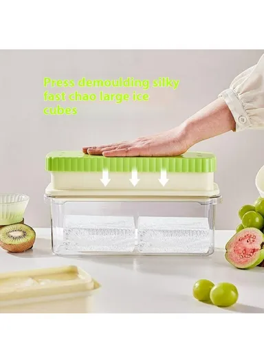 Double Layer Ice Cube Tray with Press Release Ice Mold Storage Container with Ice Tongs - Green+2 Grids Tray