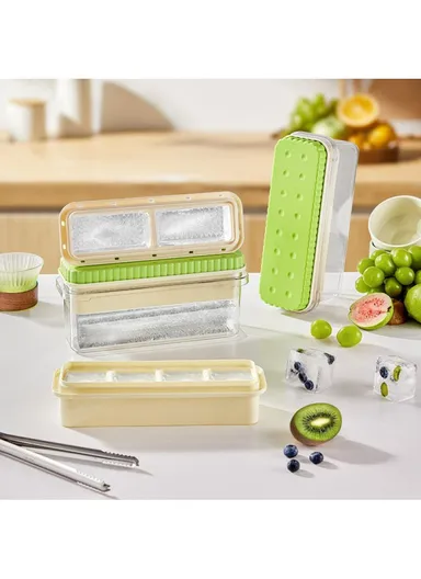Double Layer Ice Cube Tray with Press Release Ice Mold Storage Container with Ice Tongs - Green+2 Grids Tray