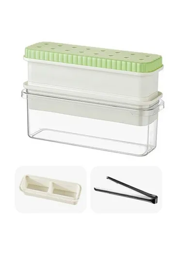 Double Layer Ice Cube Tray with Press Release Ice Mold Storage Container with Ice Tongs - Green+2 Grids Tray