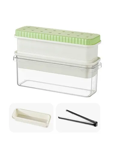 Double Layer Ice Cube Tray with Press Release Ice Mold Storage Container with Ice Tongs - Green+1 Grids Tray