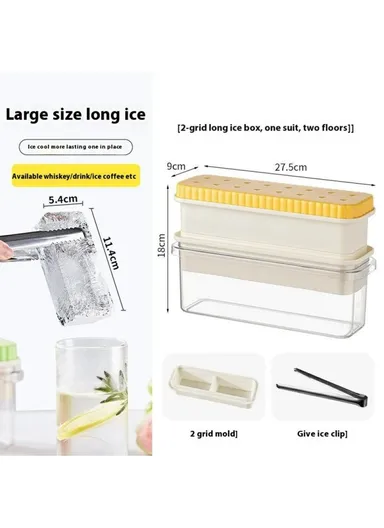 Double Layer Ice Cube Tray with Press Release Ice Mold Storage Container with Ice Tongs - Green+1 Grids Tray