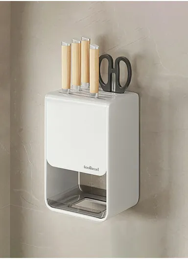D01 Dual Use Knife Holder Organizer Wall Mounted Utensil Stand Kitchen Countertop Cutlery Storage Rack - White