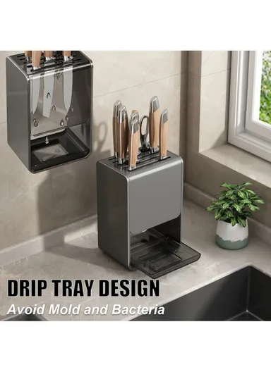 D01 Dual Use Knife Holder Organizer Wall Mounted Utensil Stand Kitchen Countertop Cutlery Storage Rack - Black