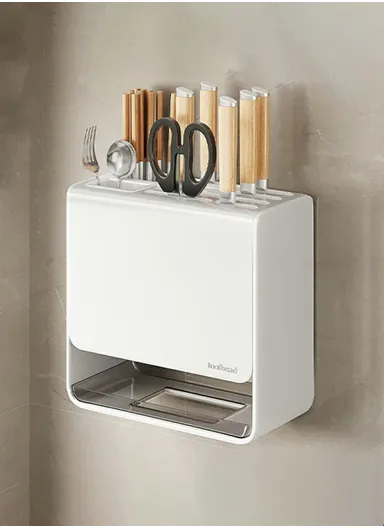 D02 Knife Block Organizer Countertop, Wall Mounted Kitchen Utensil Holder Cutlery Storage Rack Fork Spoon Stand - White