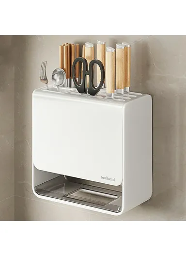 D02 Knife Block Organizer Countertop, Wall Mounted Kitchen Utensil Holder Cutlery Storage Rack Fork Spoon Stand - White