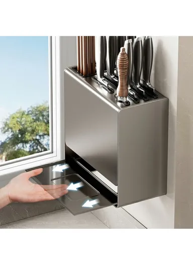 D02 Knife Block Organizer Countertop, Wall Mounted Kitchen Utensil Holder Cutlery Storage Rack Fork Spoon Stand - Black