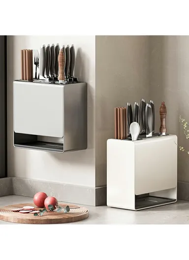 D02 Knife Block Organizer Countertop, Wall Mounted Kitchen Utensil Holder Cutlery Storage Rack Fork Spoon Stand - Tarnish