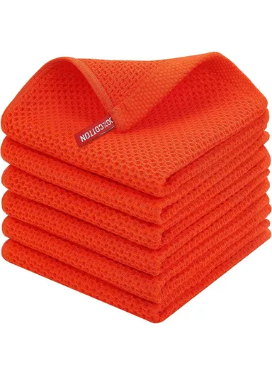 6Pcs Cotton Waffle Weave Kitchen Dish Towels Quick Cleaning Fast Absorbing Rag with Hanging Loop - Orange