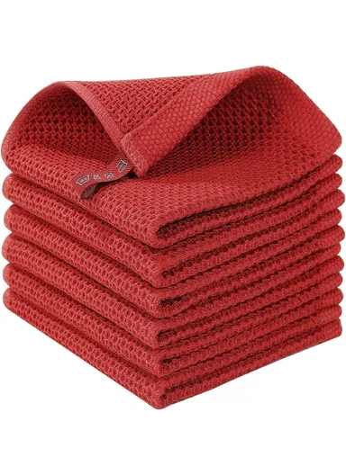 6Pcs Cotton Waffle Weave Kitchen Dish Towels Quick Cleaning Fast Absorbing Rag with Hanging Loop - Dark Red