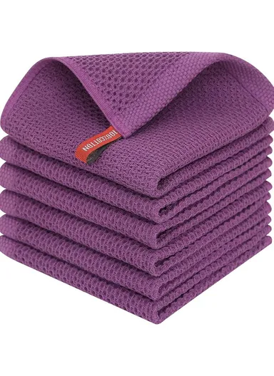 6Pcs Cotton Waffle Weave Kitchen Dish Towels Quick Cleaning Fast Absorbing Rag with Hanging Loop - Dark Purple