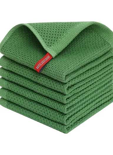 6Pcs Cotton Waffle Weave Kitchen Dish Towels Quick Cleaning Fast Absorbing Rag with Hanging Loop - Green