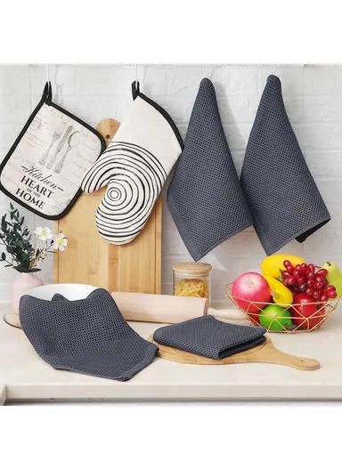 6Pcs Cotton Waffle Weave Kitchen Dish Towels Quick Cleaning Fast Absorbing Rag with Hanging Loop - Green