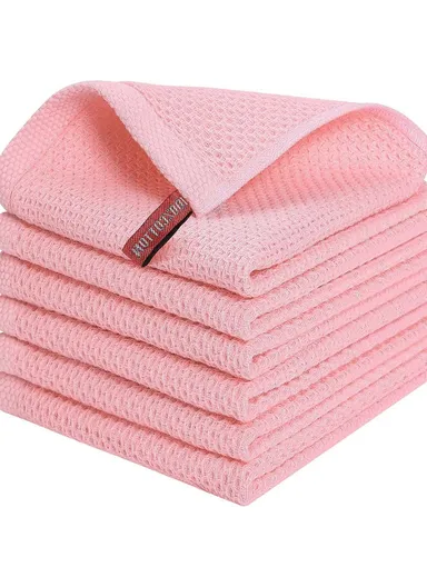 6Pcs Cotton Waffle Weave Kitchen Dish Towels Quick Cleaning Fast Absorbing Rag with Hanging Loop - Light Pink