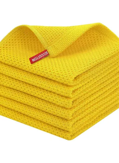 6Pcs Cotton Waffle Weave Kitchen Dish Towels Quick Cleaning Fast Absorbing Rag with Hanging Loop - Yellow